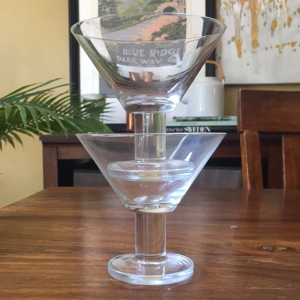 2 Crate & Barrel VIVA CLEAR Thick Stem Blown Martini Glasses (Set of 2)